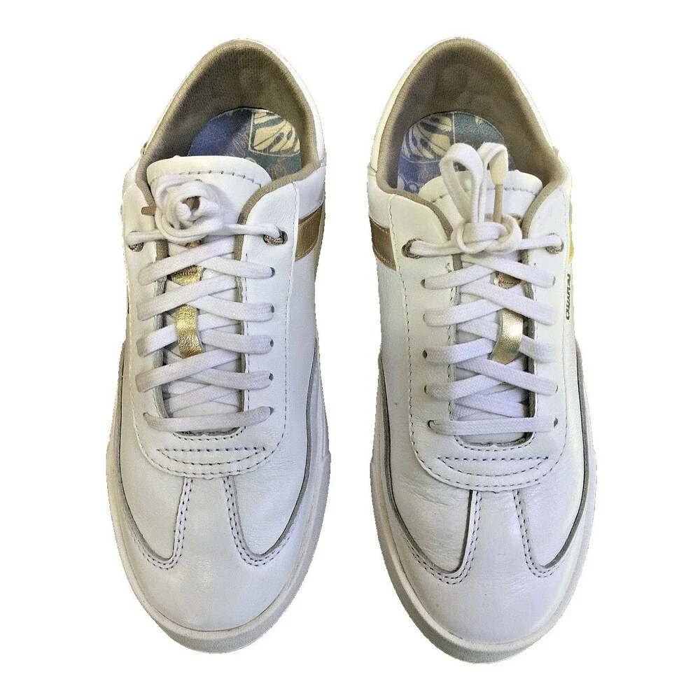 Olukai Ha'upu US 7 Full Grain Leather Sneaker Tennis Shoe Slide White Gold EU 37